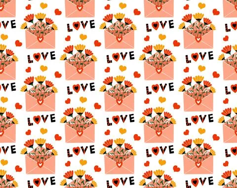 Seamless pattern with letters and bouquets of flowers. Happy Valentines Day Stock Illustration