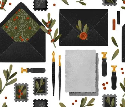 Seamless pattern with letters and envelopes. Subject of correspondence on paper Stock Illustration