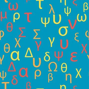 Seamless pattern Letters and symbols of the Greek alphabet. Bright Greek alph Stock Illustration