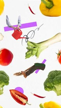 Seamless pattern with lettuce, melon, scissors, seeds, and potted plants against Stock Photos