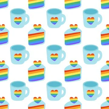 Seamless Pattern with LGBT Cute Cup with rainbow heart and Cake slice Stock Illustration