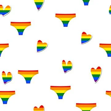 Seamless pattern with LGBT icons. Flag LGBT, hearts, swimsuit. Template design 스톡 일러스트