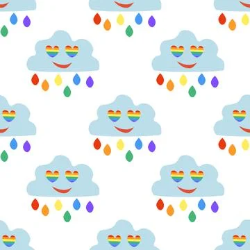 Seamless Pattern with LGBT smile cloud with drops and eyes hearts Stock Illustration