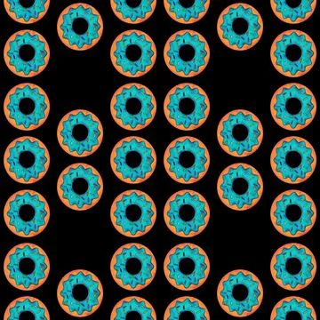 Seamless pattern of light blue donuts on a black isolated background Stock Illustration