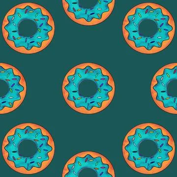 Seamless pattern of light blue donuts on a blue background. Confectionery sweets Stock Illustration