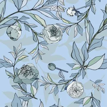 Seamless pattern with light blue roses and leaves. Vector illustration with p Illustrazione stock