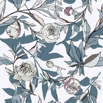 Seamless pattern with light blue roses and leaves. Vector illustration with p Stock Illustration