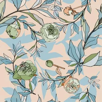 Seamless pattern with light blue roses and leaves. Vector illustration with p Illustrazione stock