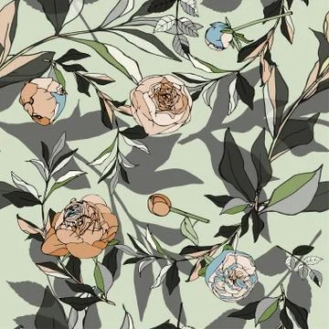 Seamless pattern with light blue roses and leaves. Vector illustration with p Stock Illustration