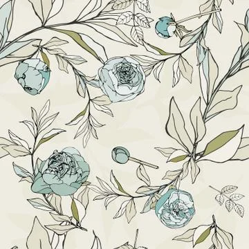 Seamless pattern with light blue roses and leaves. Vector illustration with p Stock Illustration
