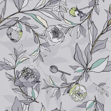 Seamless pattern with light blue roses and leaves. Vector illustration with p Stock Illustration