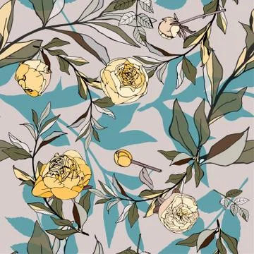 Seamless pattern with light blue roses and leaves. Vector illustration with p Stock Illustration
