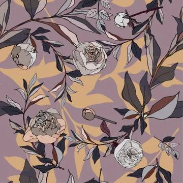 Seamless pattern with light blue roses and leaves. Vector illustration with p Illustrazione stock