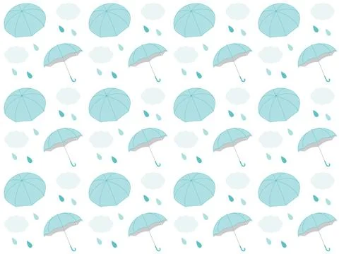 Seamless pattern of light blue umbrellas and rain clouds. Stock Illustration