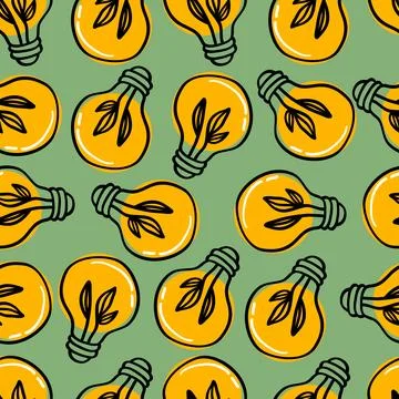 Seamless Pattern Light Bulb and Leaves Nature Ecology Recycle. Vector Illus.. Illustrazione stock
