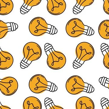 Seamless Pattern Light Bulb Hand Drawn Yellow Background for Idea and Innov.. Illustrazione stock