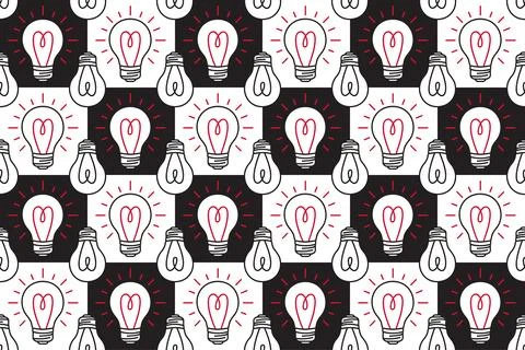 Seamless pattern with light bulbs against a chess background. Simple design hand Stock Illustration