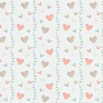 Seamless pattern in light colors with pink, hearts, and green leaves Stock Illustration