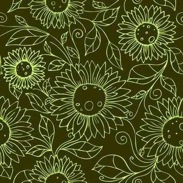 Seamless pattern of light green contours of flowers on an olive background Stock Illustration