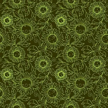 Seamless pattern of light green contours of flowers on an olive background,.. Illustrazione stock