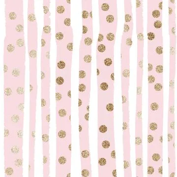 Seamless pattern light pink color stripes and gold circles in grunge style on a Stock Illustration