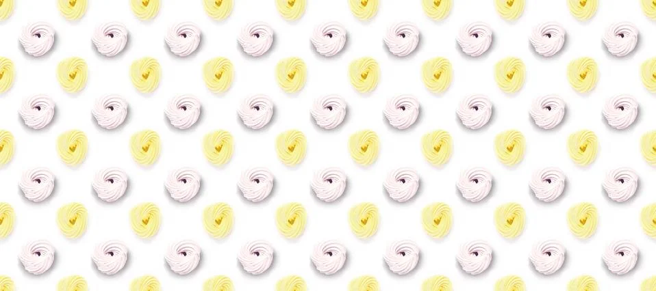 Seamless pattern light purple bize, multi-colored sweets, airy cakes on isola Stock Photos