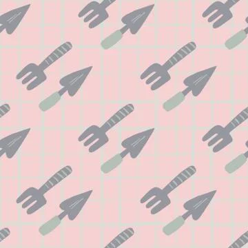 Seamless pattern with light purple garden tool ornament. Soft pink background Stock Illustration