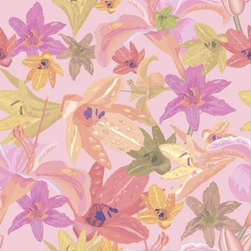 Seamless pattern from light yellow and lilac lilies in gentle pink tones Stock Illustration