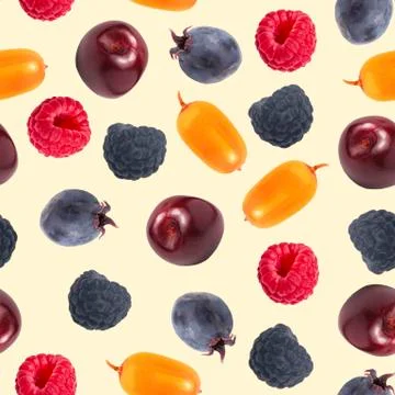 Seamless pattern on light yellow, different and multicolored ripe sweet fores Stock Photos