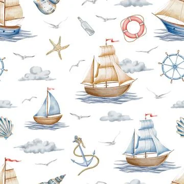 Seamless Pattern with Lighthouse and Sailboats. Illustration with Beacon and Stock Illustration