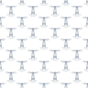 Seamless Pattern with Lighthouse, Line Style Stock Illustration