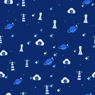 Seamless pattern with lighthouses, ringed planets, cloud AI chips, sentinel Stock Illustration