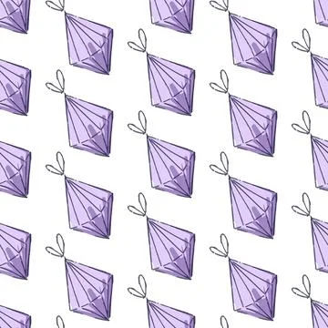 Seamless pattern with lilac hand drawn crystals with bow isolated on white. Stock Illustration