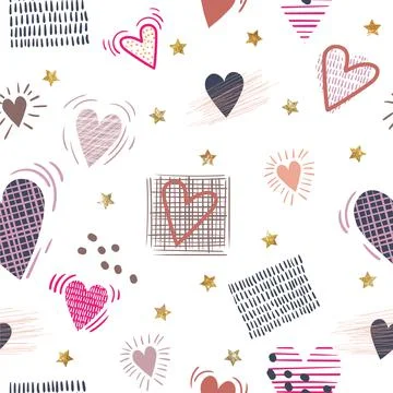Seamless pattern with lilac hearts and golden glowing stars . Creative love t Stock Illustration
