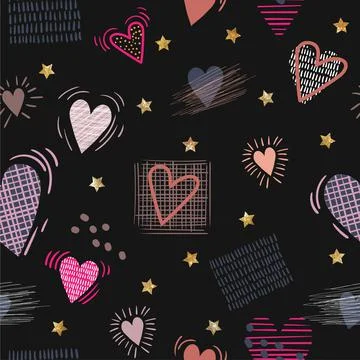 Seamless pattern with lilac hearts and golden glowing stars . Creative love t Stock Illustration