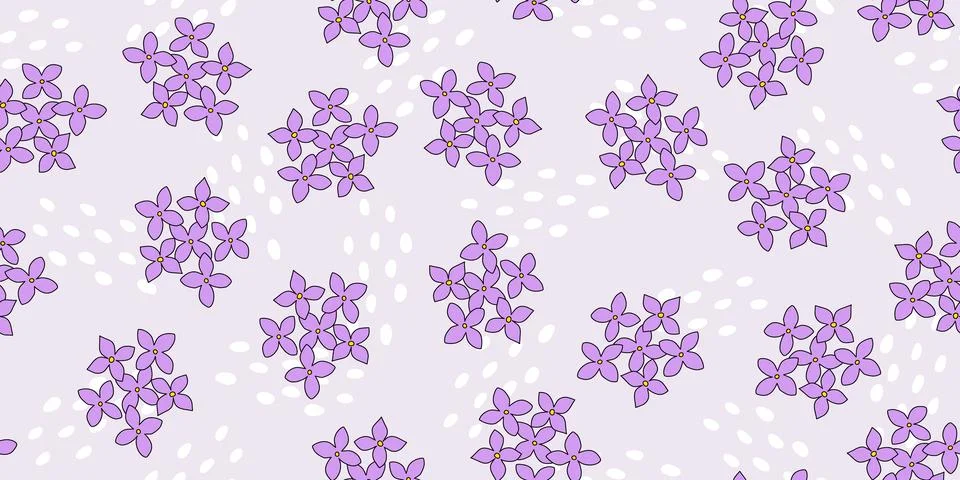 Seamless pattern with lilac, hydrangea or bluet flowers and abstract drops on Illustrazione stock