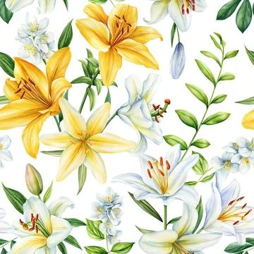 Seamless pattern lilies white and yellow flower and leaves, floral background Stock Illustration