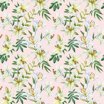 Seamless pattern lilies white flower and leaves, floral background, Lily flora Stock Illustration
