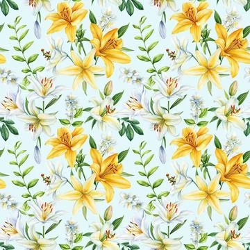 Seamless pattern lilies white flower and leaves, floral background, Lily flora Stock Illustration