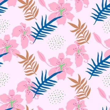 Seamless pattern with lilly and leaves. Tropical camouflage print. Stock Illustration