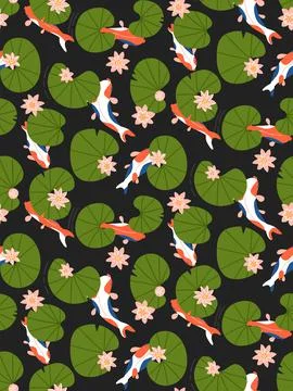 Seamless pattern with lily flowers, leaves and koi carp in pond on dark blue Illustrazione stock