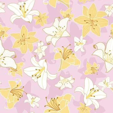 Seamless pattern lily flowers on pink background with silhouette Stock Illustration