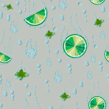 Seamless pattern with lime, ice cubes and mint leaves Bright citrus backgroun Stock Illustration