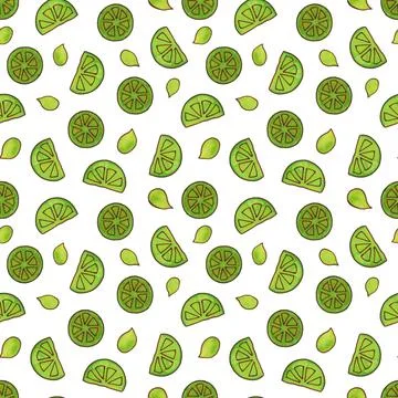 Seamless pattern of lime slices and leaves on a white background. Stock Illustration
