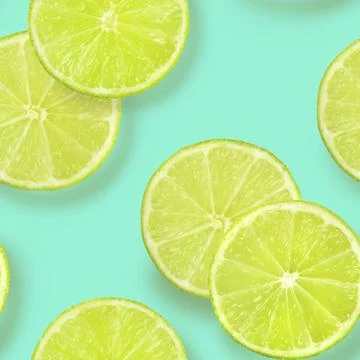 A seamless pattern of lime slices on a vibrant teal blue background, a fruity Foto stock