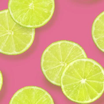 A seamless pattern of lime slices on a vibrant pink background, a fruity citrus Foto stock