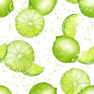 Seamless pattern with limes and ice cubes. Hand drawn vibrant background. ... Stock Photos