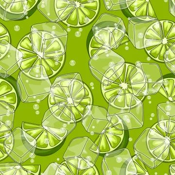 Seamless pattern with limes. Ice cubes and soda bubbles. Stock Illustration