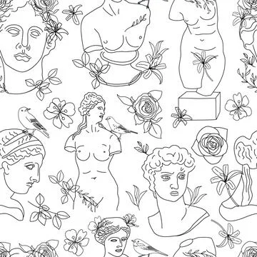 Seamless pattern of line ancient statue with flowers isolated on white backgr Stock Illustration