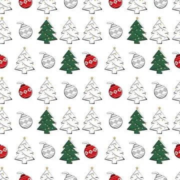 Seamless pattern with line and silhouette of Christmas trees and balls Stock Illustration